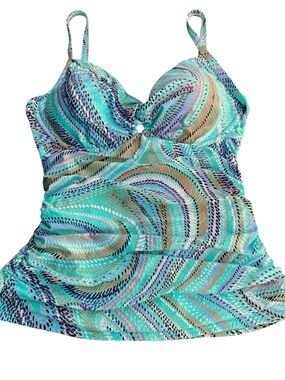 Jantzen Aqua Multicolour Swirl Side Ruche Tankini Top (34D/DD)
